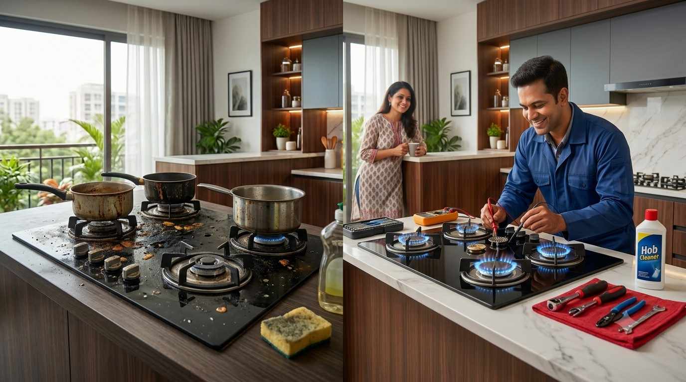 Technician performing hob repair in Mumbai on a gas cooktop