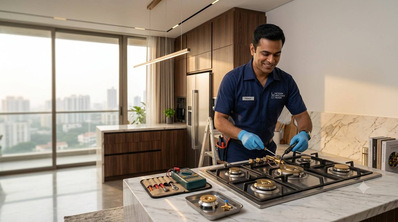 Technician performing kitchen appliance repair in Thane home