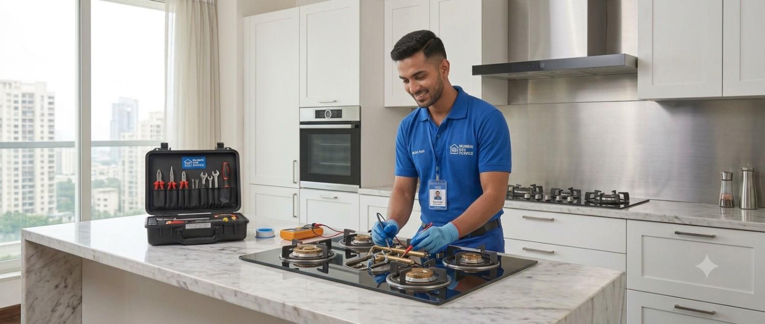Technician performing kitchen appliance repair in Navi Mumbai home