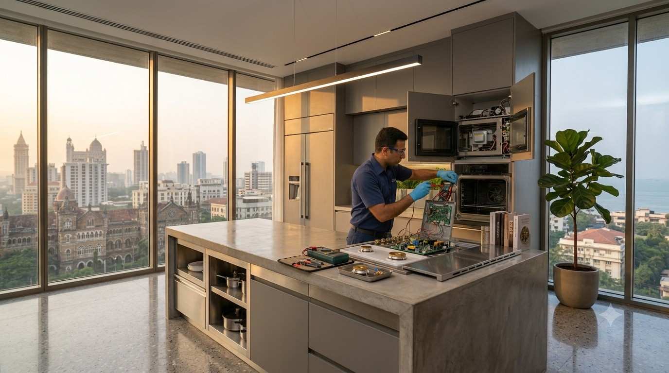 Hob and gas stove repair technician at work in a Thane kitchen