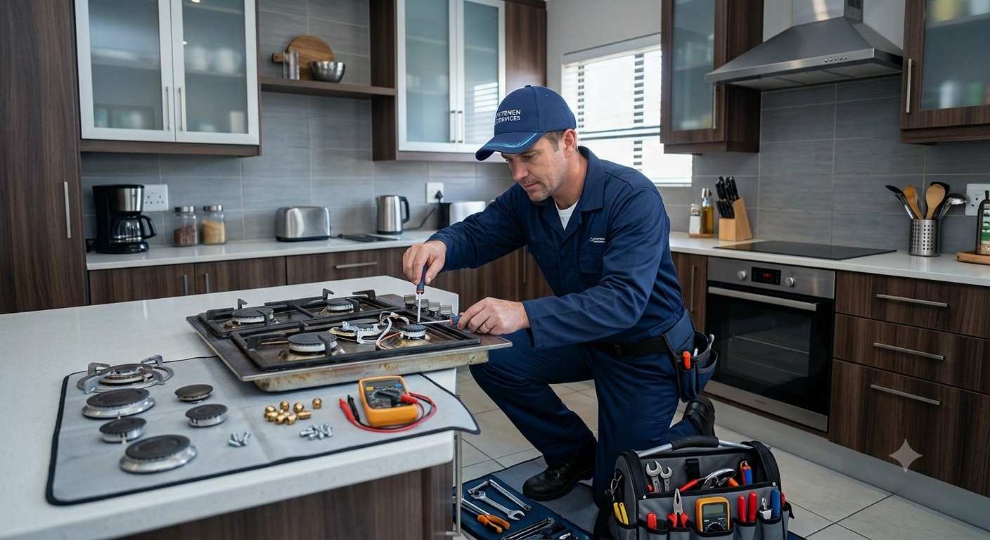 Professional kitchen appliance repair in Mumbai team servicing a hob and chimney