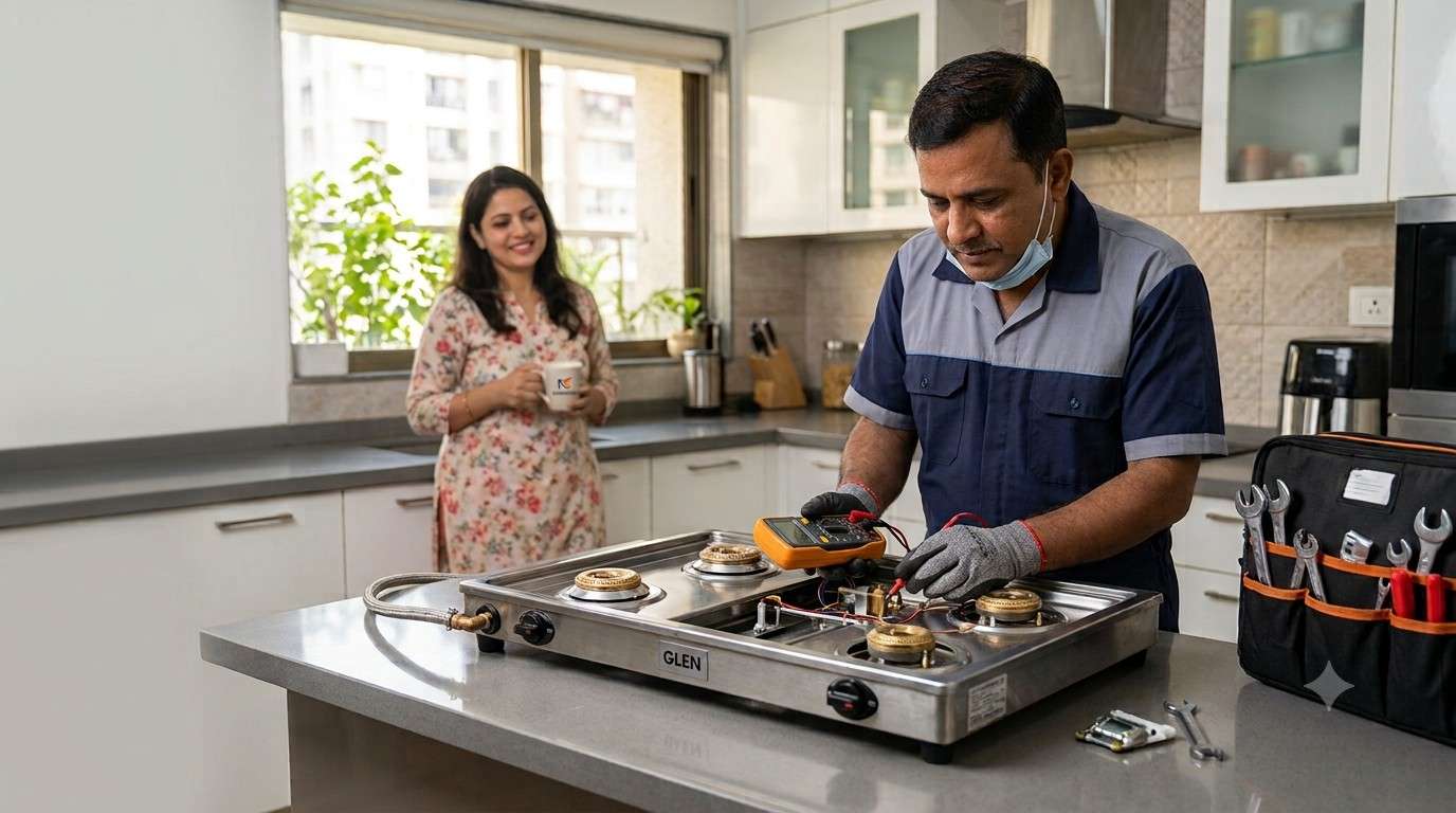 Gas stove service in Mumbai - technician repairing a kitchen gas stove burner