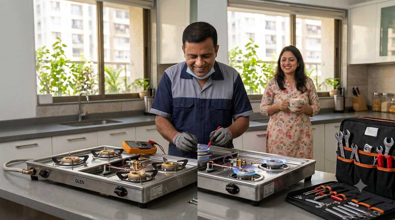 Technician checking gas stove burner and regulator during a Mumbai kitchen service visit
