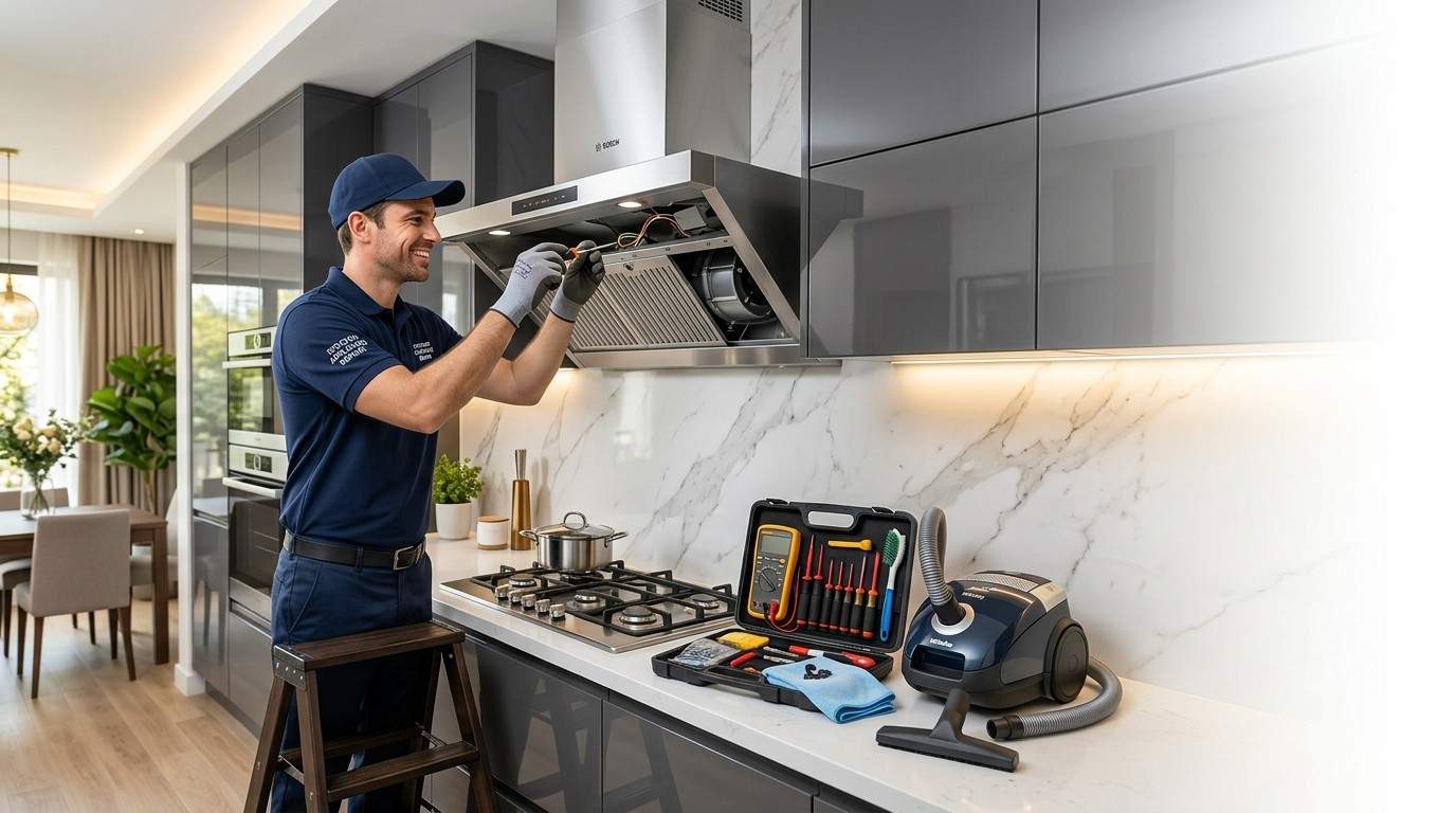 Technician performing chimney repair in Mumbai kitchen