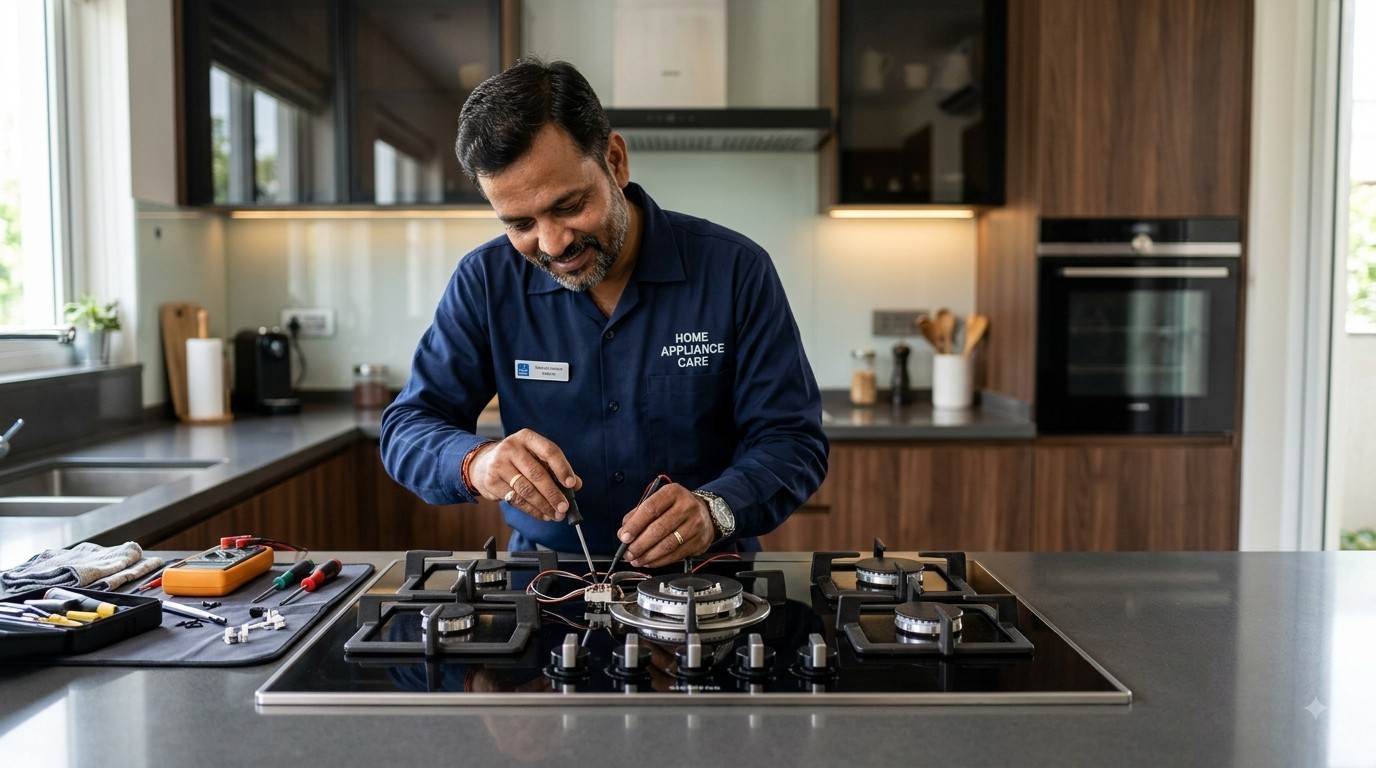 Technician performing kitchen appliance repair in Borivali, fixing a chimney and hob