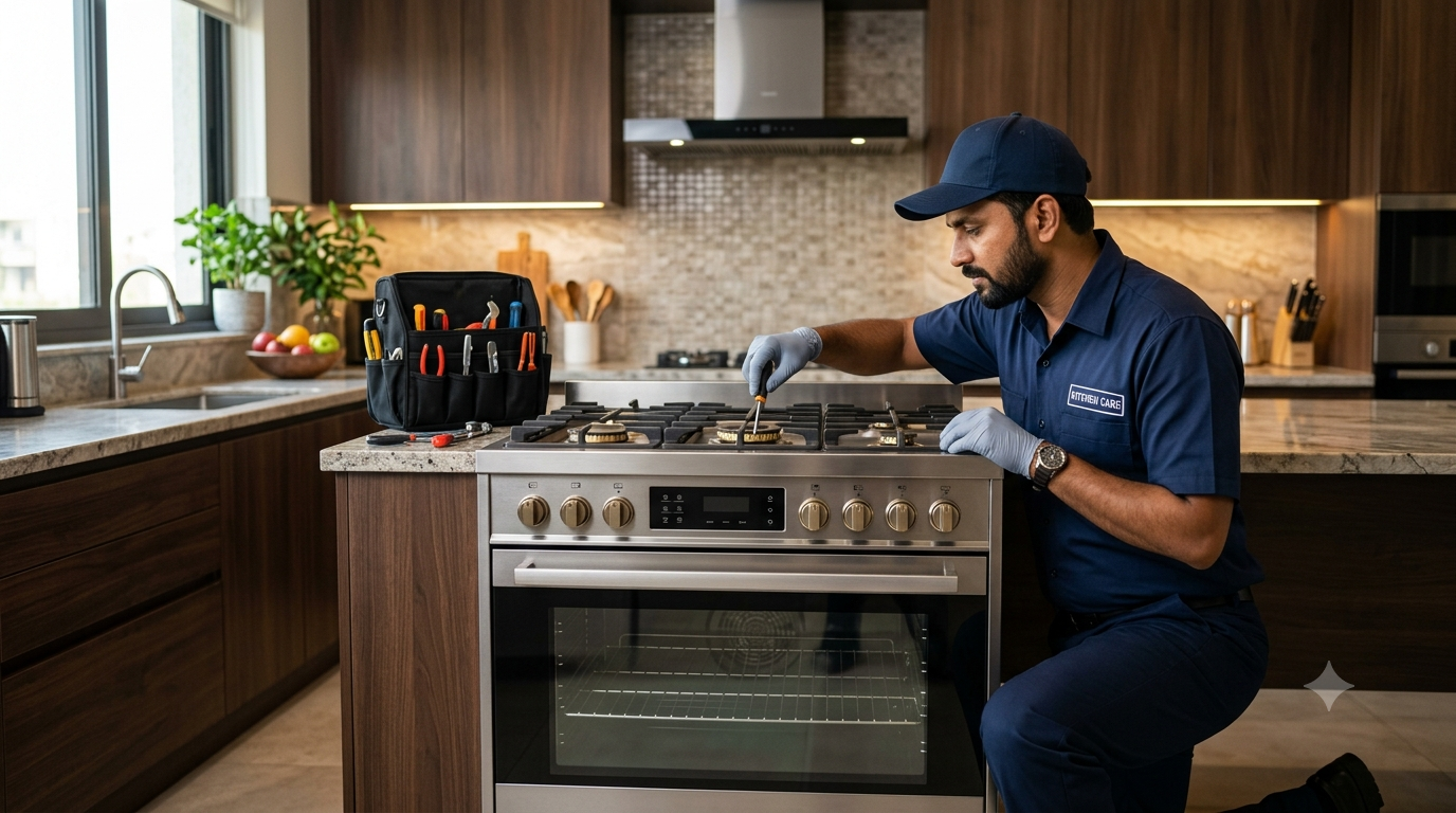 Technician doing hob repair in Goregaon at a residential kitchen