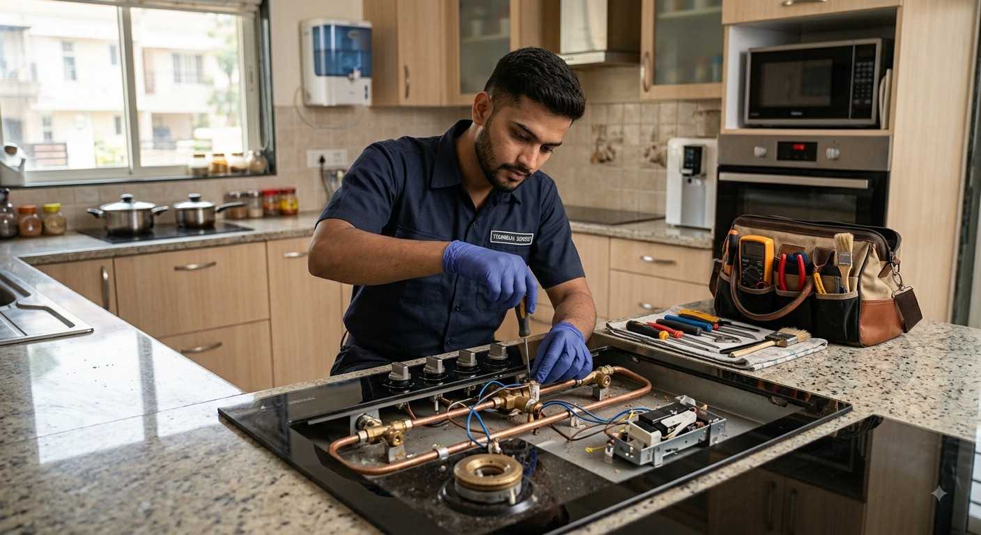 Technician servicing a chimney and hob for a Dahisar customer