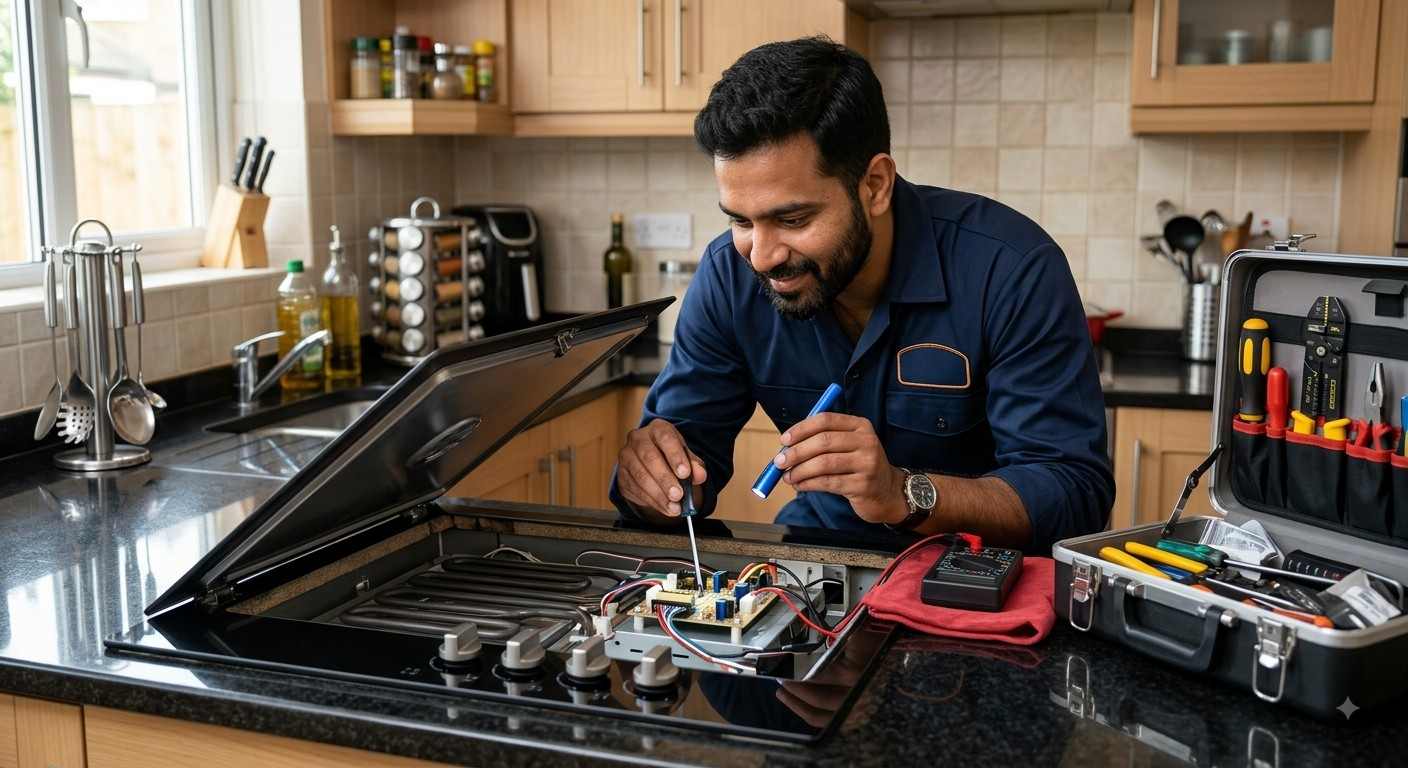 Technician performing kitchen appliance repair in Kandivali home