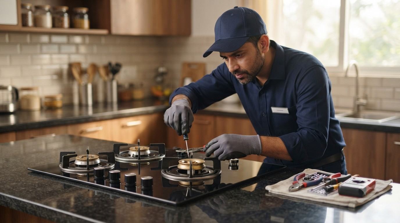 Expert checking a built-in oven during kitchen appliance repair in Andheri